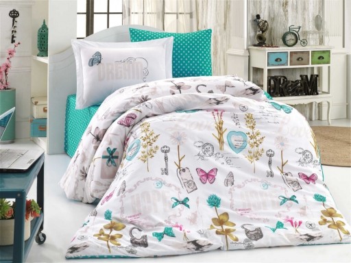 Lenjerie de pat pentru o persoana, 3 piese, 100% bumbac poplin, Hobby, Rossella Turquoise, multicolora