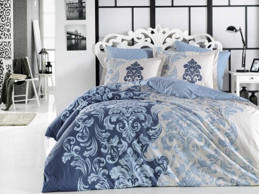 Lenjerie de pat dubla, 4 piese, 100% bumbac poplin, Hobby, Mirella Royal, alb/albastru