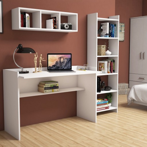 Birou cu biblioteca si raft de perete  Hera, Almaren, 118x58x80 cm, PAL, alb