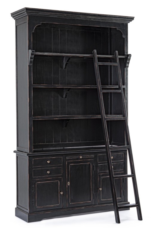 Biblioteca cu scara Jefferson, Bizzotto, 143.5x40.6x233.7 cm, lemn de mango, negru