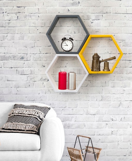 Raft de perete, Asse Home, Elfo, 58x38x9 cm, Alb / Antracit / Galben