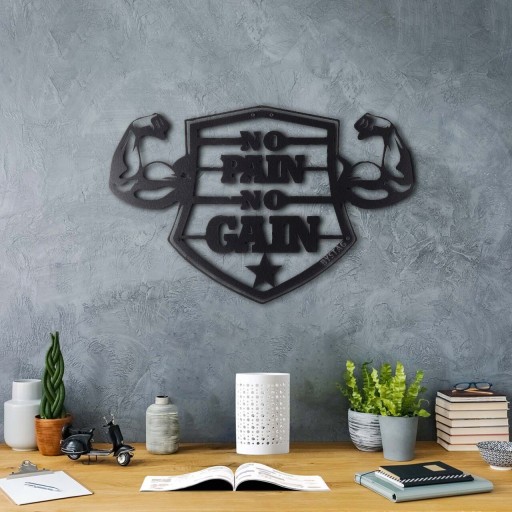 Decoratiune de perete, No Pain No Gain, Metal, Dimensiune: 33 x 50 cm, Negru