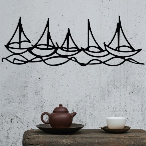 Decoratiune de perete, Ships In Water, metal, 68 x 24 cm, negru