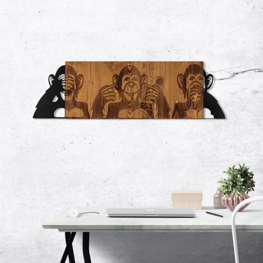 Decoratiune de perete, I didn&#039;t see I didn&#039;t hear I don&#039;t know, lemn/metal, 82 x 58 cm, negru/maro