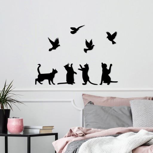 Decoratiune de perete, Birds Playing With Cats, Metal, Dimensiune: 110 x 79 cm, Negru
