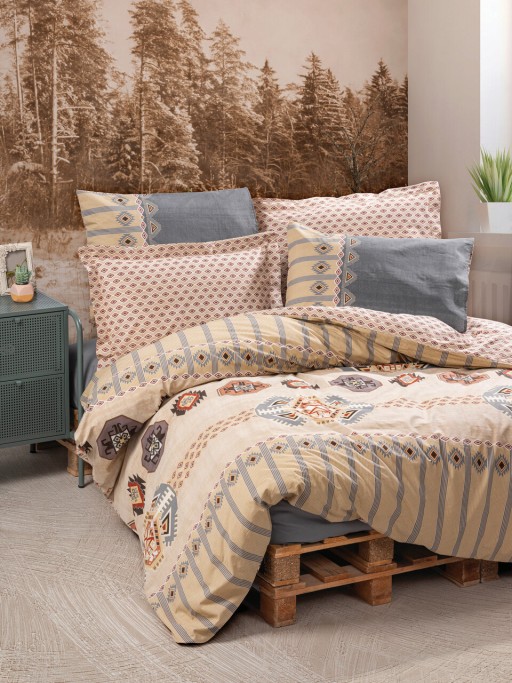 Lenjerie de pat dubla King (FR), L'essentiel Maison, Dakota, Grey / Beige / Orange / Red