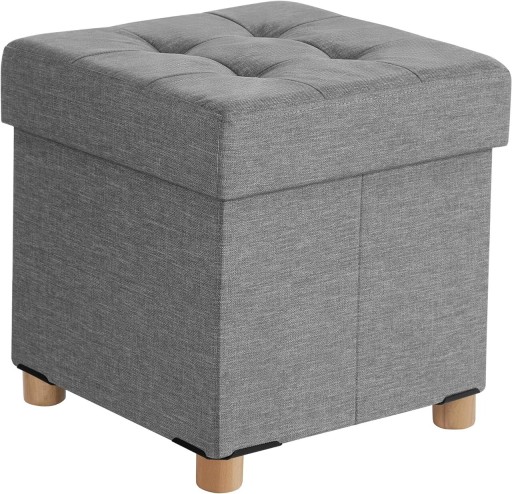 Taburet cu spatiu pentru depozitare Chesterfield, Songmics, 38 x 38 x 40 cm, tesatura aspect in/MDF, picioare din lemn, gri deschis