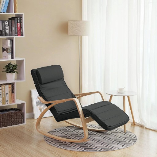 Scaun balansoar reglabil in 5 pozitii, Songmics, 67x125x91 cm, max 150 kg, lemn de mesteacan/bumbac, gri/natural