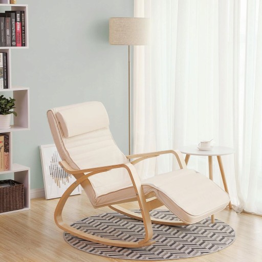Scaun balansoar reglabil in 5 pozitii, Songmics, 67x125x91 cm, max 150 kg, lemn de mesteacan/bumbac, bej/natural