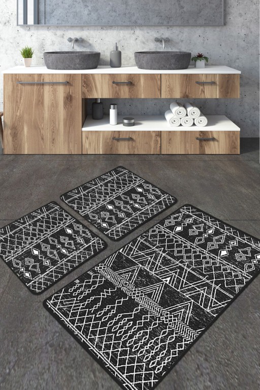 Set covorase de baie 2 piese, Chilai, Straordinario Black Djt , Poliester, Negru / Antracit / Alb