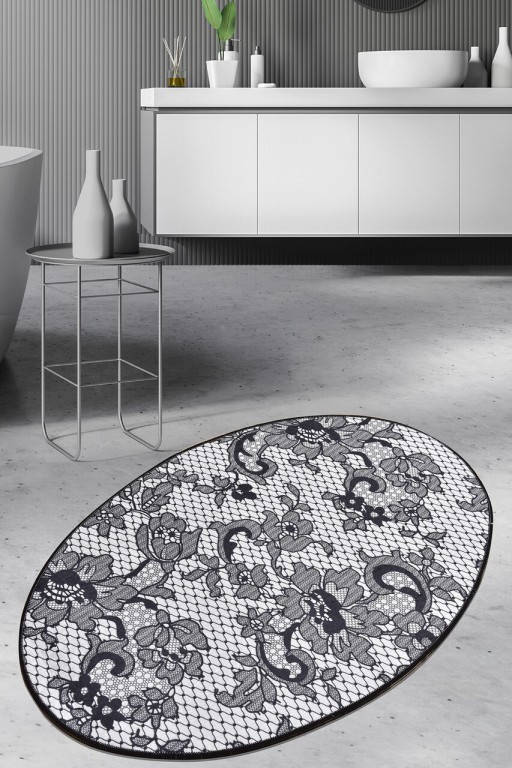 Covoras de baie, Chilai, Lace DJT, 80x120 cm, Catifea, Negru / Alb / Gri