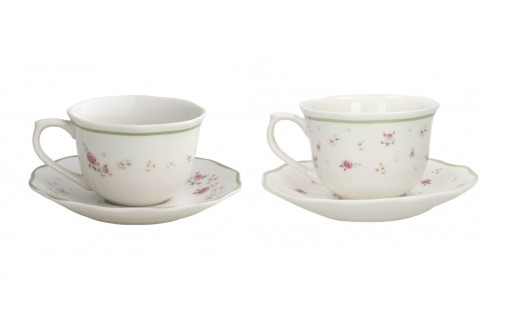 Set 2 cesti cu farfurie pentru cafea, Nonna Rosa M, Brandani, 15x8 cm, portelan