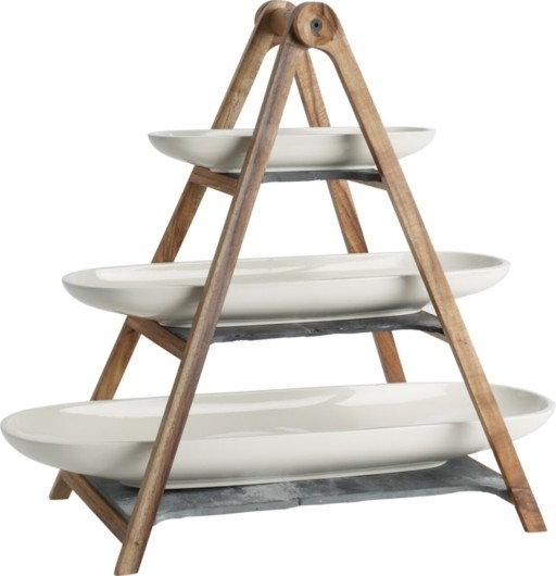 Set suport etajat aperitive 4 piese, Villeroy &amp; Boch, Artesano Original Starter, portelan premium/lemn de salcam