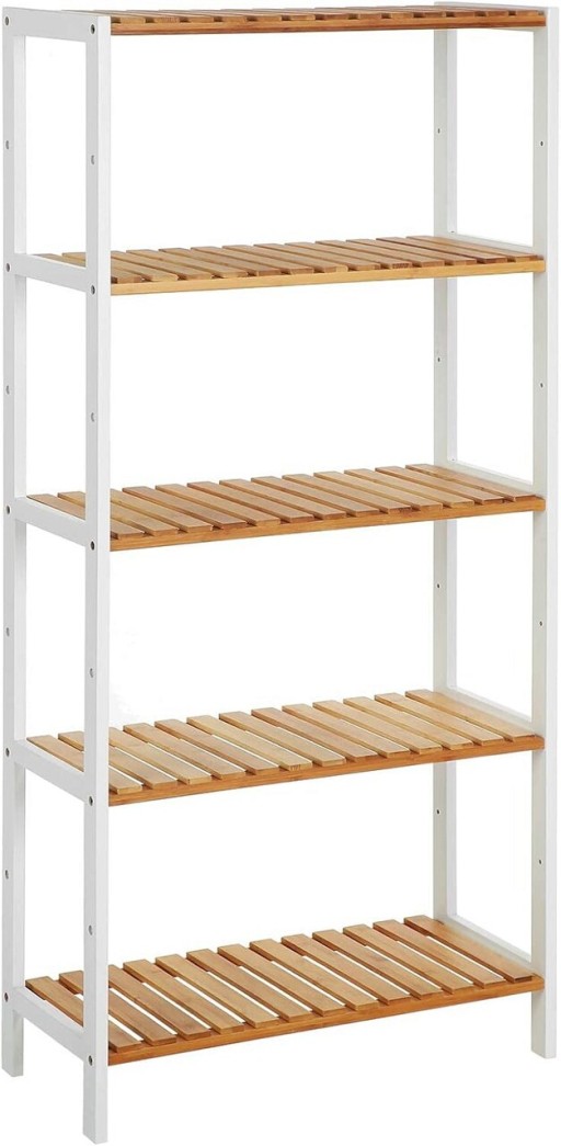 Raft de depozitare multifunctional Songmics, 60x26x130 cm, max 40 kg, bambus, alb/natural