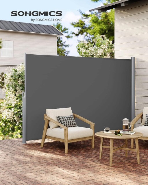 Paravan lateral pentru gradina sau terasa / copertina solara laterala, Songmics, sistem de fixare inclus, UV 50+, 200x400 cm, gri