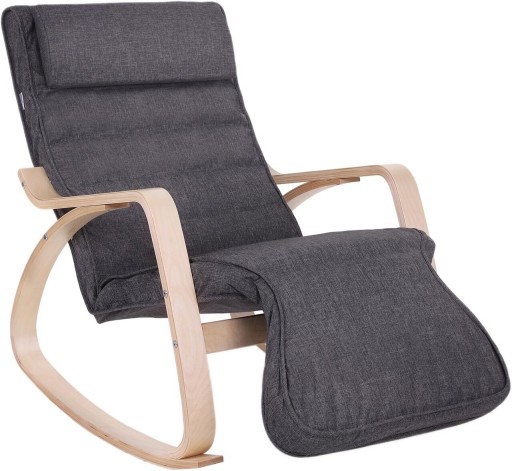Scaun balansoar reglabil in 5 pozitii, Songmics, 67x125x91 cm, max 150 kg, lemn de mesteacan/textil cu aspect de in, gri inchis/natural