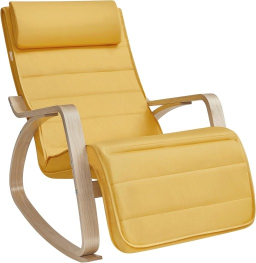Scaun balansoar reglabil in 5 pozitii, Songmics, 67x121.5x84 cm, max 150 kg, lemn de mesteacan/policoton, galben pastel/natural