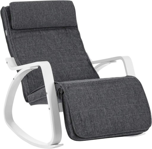 Scaun balansoar reglabil in 5 pozitii, Songmics, 67x121.5x84 cm, max 150 kg, lemn de mesteacan/textil cu aspect de in, gri inchis/alb