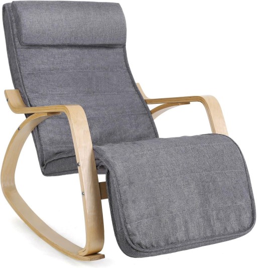 Scaun balansoar reglabil in 5 pozitii, Songmics, 67x121.5x84 cm, max 150 kg, lemn de mesteacan/textil cu aspect de in, gri/natural