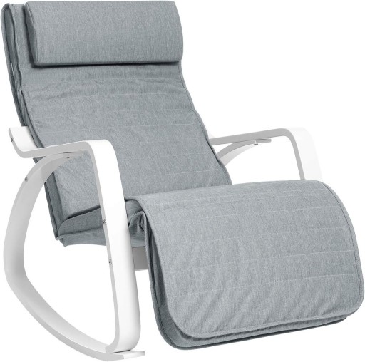 Scaun balansoar reglabil in 5 pozitii, Songmics, 67x121.5x84 cm, max 150 kg, lemn de mesteacan/textil cu aspect de in, gri deschis/alb