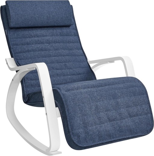 Scaun balansoar reglabil in 5 pozitii, Songmics, 67x121.5x84 cm, max 150 kg, lemn de mesteacan/textil cu aspect de in, albastru/alb