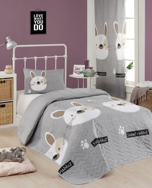 Set cuvertura matlasata Single 160x220 cm, 2 piese, Tavşancık - Light Brown, Grey, Roz, Eponj Home, 65% bumbac/35% poliester