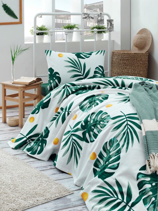 Cuvertura pique Single, Monstera - Green, EnLora Home, Bumbac
