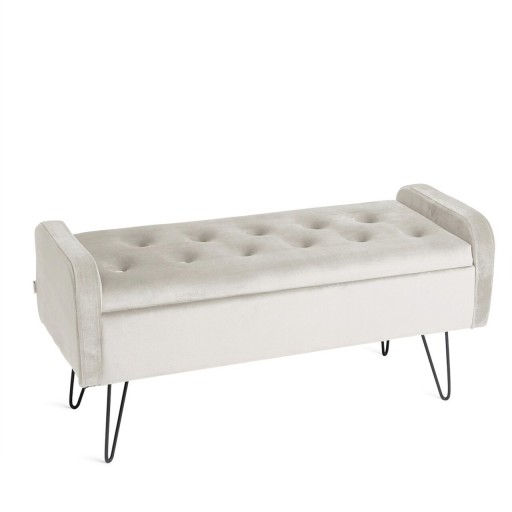 Bancheta cu spatiu pentru depozitare Venlo, Homla, 96x39x45 cm, catifea din poliester/metal, crem/negru
