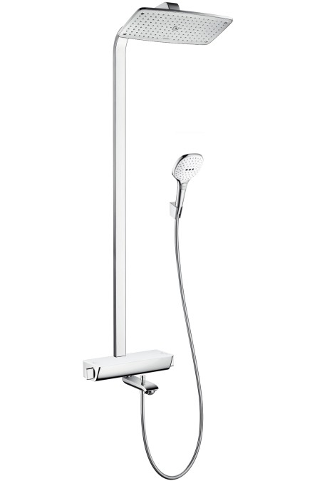 Showerpipe Hansgrohe Raindance Select E 360 cu baterie cada Ecostat Select  finisaj alb/crom