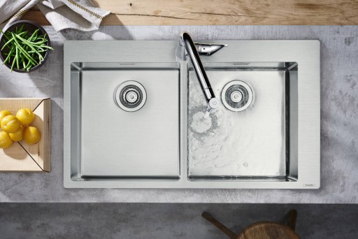Chiuveta bucatarie Hansgrohe S712-F765 cu 2 cuve  865x500mm  orificiu buton control  inox