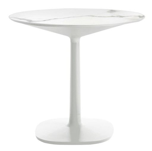 Masa rotunda Kartell Multiplo design Antonio Citterio  d78cm  h74cm  baza patrata  blat cu finisaj marmura  alb