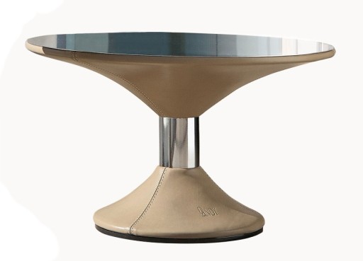 Masuta Gamma Dandy Clepsydra T17 cu top sticla  baza imbracata in piele cat F  d60cm  h36cm  Made in Italy