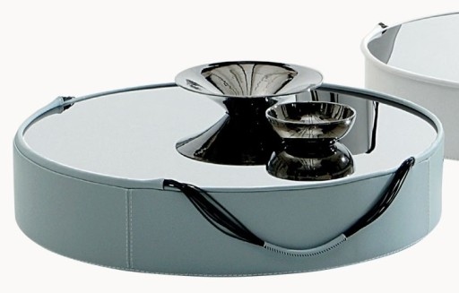 Masuta Gamma Dandy T08 cu top sticla  baza imbracata in piele cat E  d101cm  h25cm  Made in Italy
