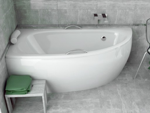 Cada baie asimetrica Besco Milena Premium 150x70cm orientare stanga   cu tetiera si 2 manere