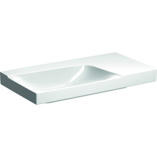 Lavoar asimetric Geberit Xeno2 90x48cm  fara orificiu baterie  fara preaplin  raft dreapta  KeraTect alb