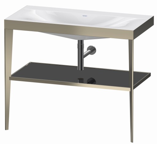 Set mobilier Duravit XViu cu lavoar 100cm fara orificiu baterie  consola metalica champagne mat si raft de sticla negru lucios