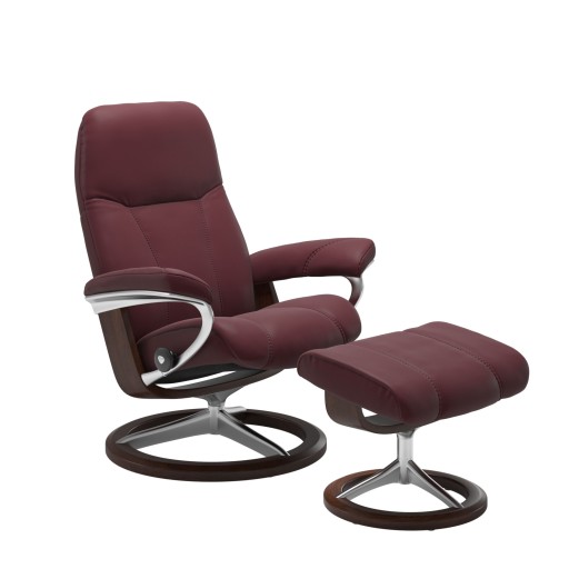 Fotoliu recliner cu taburet Stressless Consul Signature M cadru Brown  tapiterie piele Batik Bordeaux