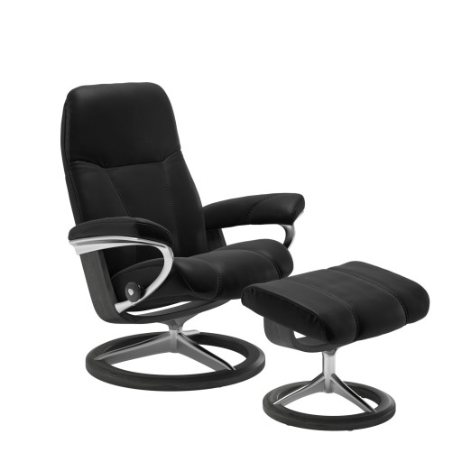 Fotoliu recliner cu taburet Stressless Consul Signature M cadru Grey  tapiterie piele Batik Black