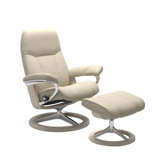 Fotoliu recliner cu taburet Stressless Consul Signature M cadru Whitewash  tapiterie piele Batik Cream