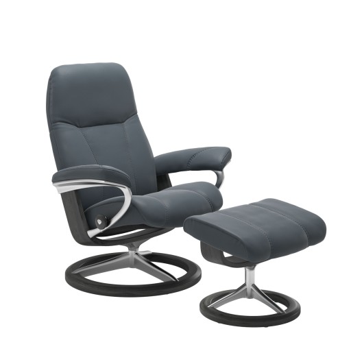Fotoliu recliner cu taburet Stressless Consul Signature M cadru Grey  tapiterie piele Batik Atlantic Blue