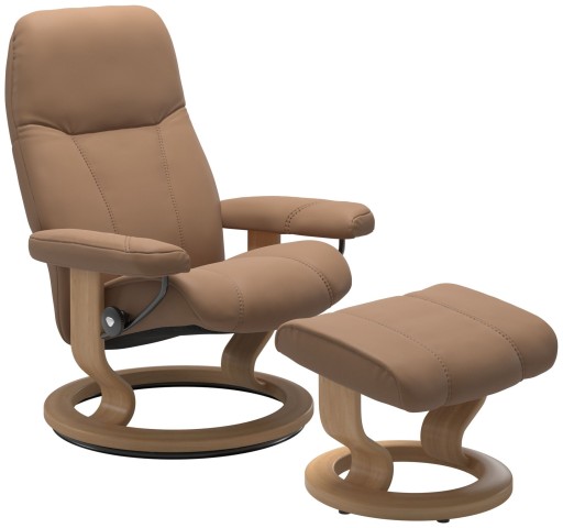 Fotoliu recliner cu taburet Stressless Consul Classic M cadru Oak tapiterie piele Batik Latte