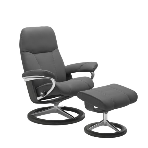 Fotoliu recliner cu taburet Stressless Consul Signature M cadru Grey  tapiterie piele Batik Grey