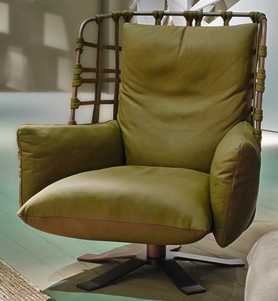 Fotoliu rotativ Gamma Dandy  Cocoon  piele Maori H685  baza Burnished Copper  HandMade in Italy