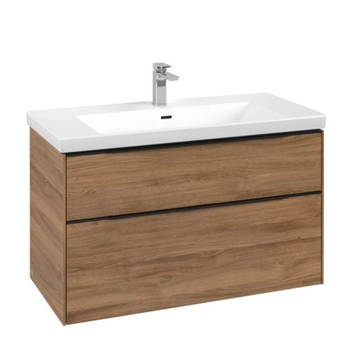 Dulap baza suspendat Villeroy & Boch Subway 3.0 973x576x478 mm cu doua sertare  Oak Kansas  maner Volcano Black