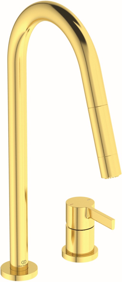 Baterie bucatarie Ideal Standard Gusto Round din 2 elemente  242mm  dus extractibil  pipa R rotativa  brushed gold