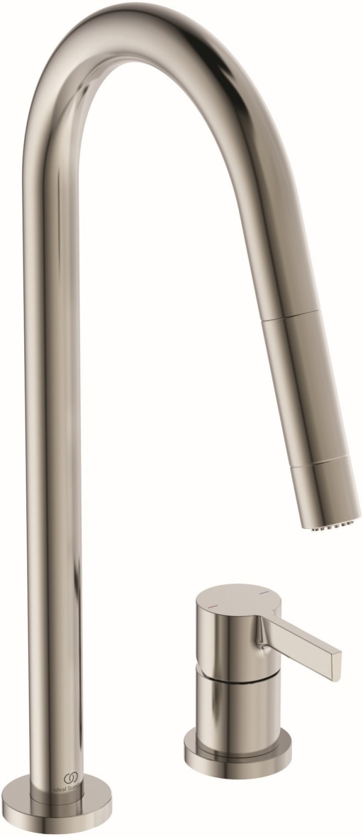 Baterie bucatarie Ideal Standard Gusto Round din 2 elemente  242mm  dus extractibil  pipa R rotativa  silver storm