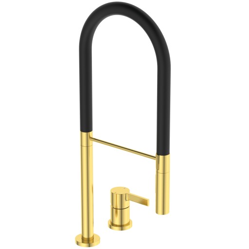 Baterie bucatarie Ideal Standard Gusto semi-pro din 2 elemente  142mm  pipa flexibila cu dus  brushed gold