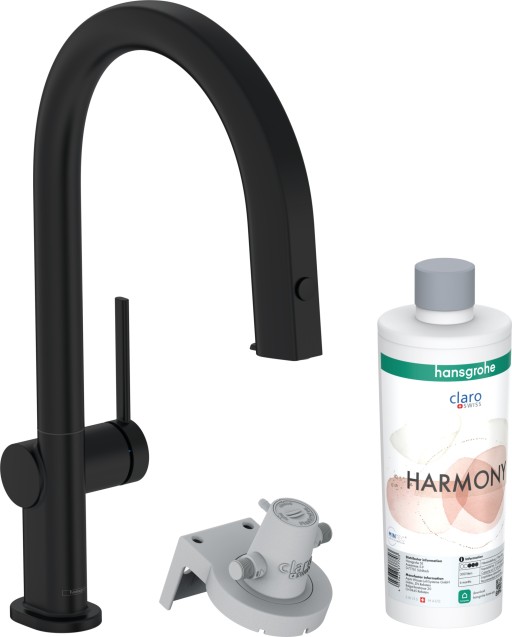 Baterie bucatarie Hansgrohe Aqittura M91 210 cu 3 cai si sistem filtrare  dus extractibil 1 jet si sBox  negru mat