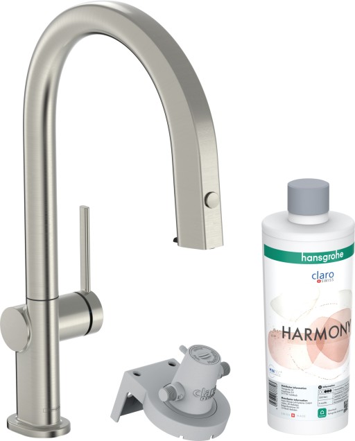 Baterie bucatarie Hansgrohe Aqittura M91 210 cu 3 cai si sistem filtrare  dus extractibil 1 jet si sBox  inox optic