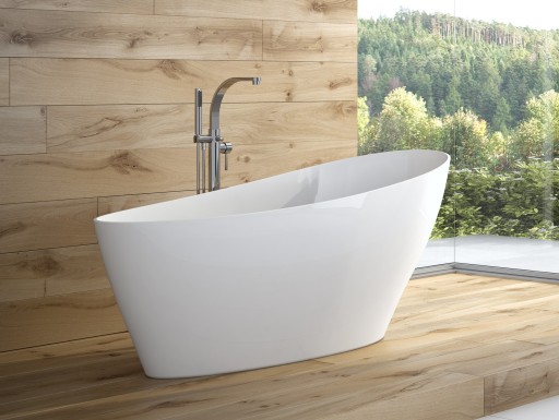 Cada freestanding Besco Keya 165x70cm alba  ventil click-clack cu top cleaning crom